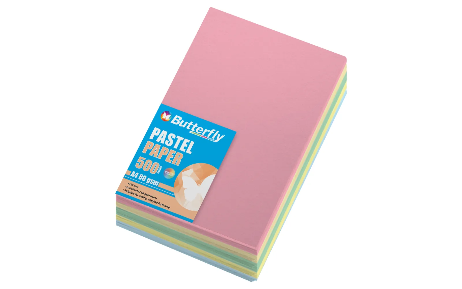 Butterfly 80gsm Mixed Paper Reams A4 Assorted Pastel 500 Pack - Image 2
