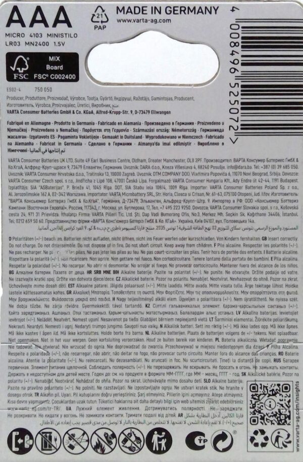 Varta Longlife AAA Alkaline Batteries LR3 1.5V (Pack of 4)