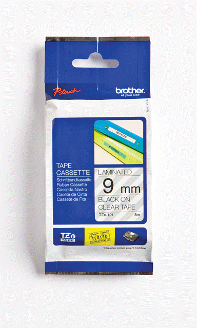 Brother Laminated TZe-121 Tapes 9mmx8m Black ON Clear