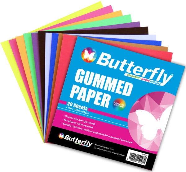 Butterfly Gummed Paper 15x15cm Assorted 20 Pack