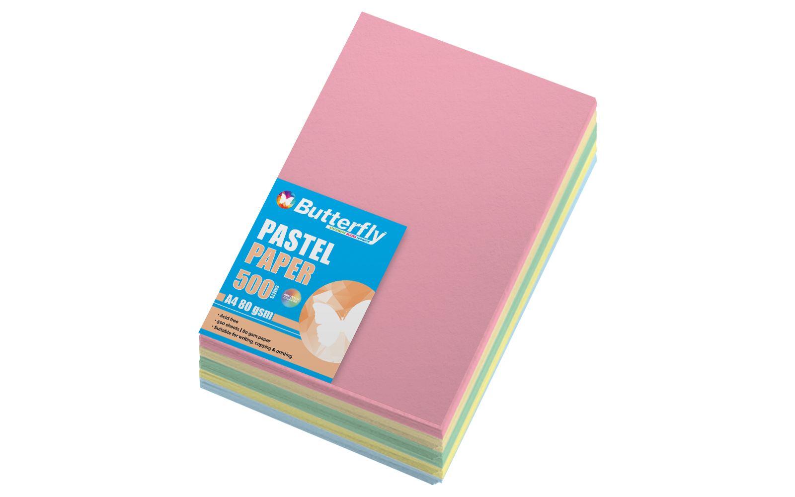 Butterfly 80gsm Mixed Paper Reams A4 Assorted Pastel 500 Pack - Image 1