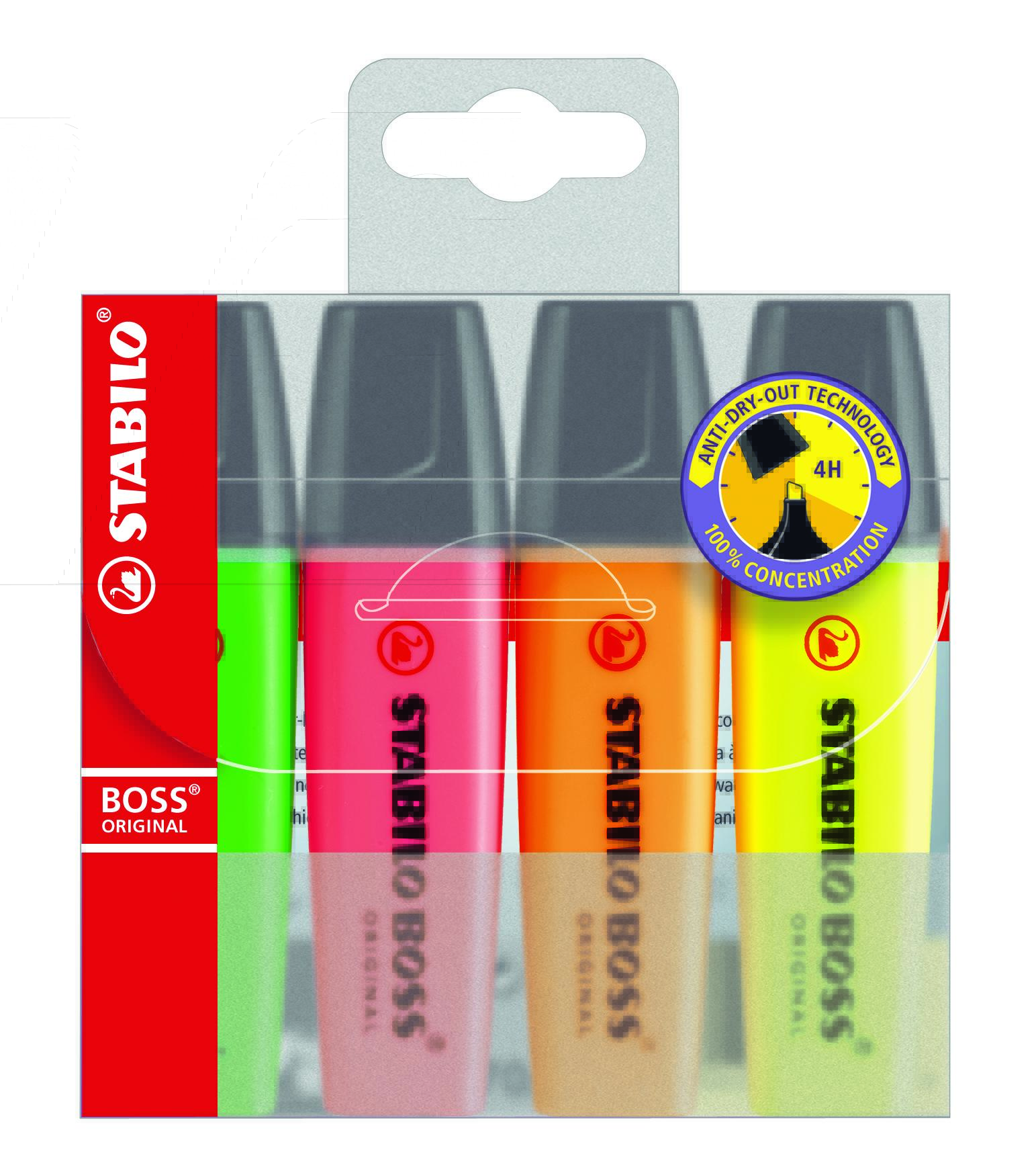 Stabilo BOSS Highlighters Assorted Bright 4 Pack 2mm - Image 1